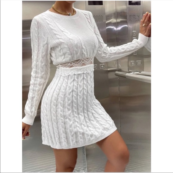 Comfy White Sheer Mesh Lace Knit Sweater Dress - Picture 3 of 6